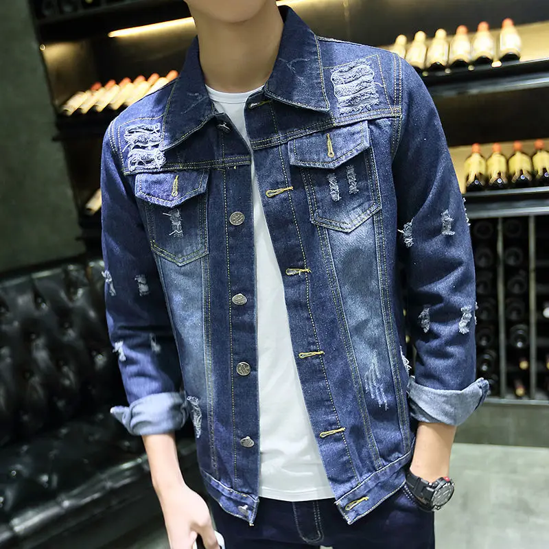 

Denim Jackets Man Blue In Lowest Price Jeans Coat For Men With Hole Wide Sleeves Ripped Of Fabric Vintage Worn Stylish Y2k