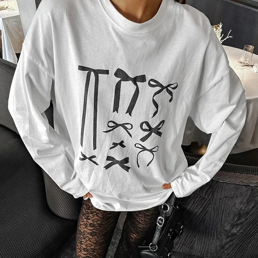 Women's Bow Print Loose Inner White T-shirt Long Sleeve Top New Item Niche Clothes Autumn and Winter women's tops