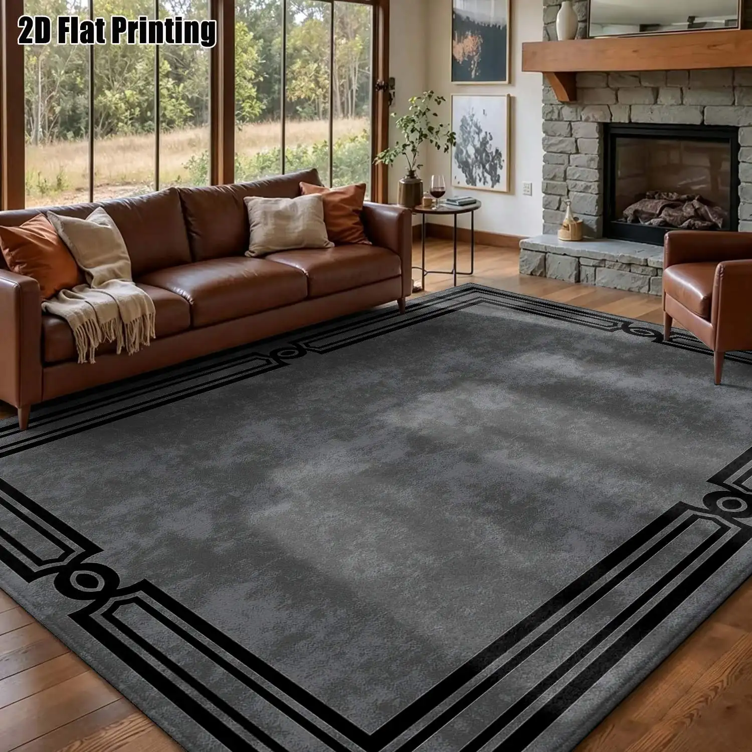1Pc 2D Printed Carpet: Dark Gray Geometric Border, Modern Minimalist, European/Vintage/Nordic Geometric Striped, Home Decor, Multi-Size, Machine Washable, Ideal for Entrance, Dining, Foyer, Study, Living Room