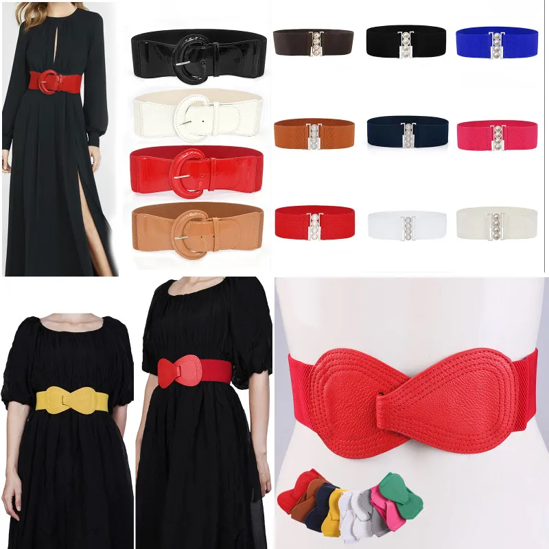 

Fashion Red Elastic Waistband Female Waist Belt Lady Bow Waistbands Solid Black White Yellow Wide Belt Faux Leather Corset Belt