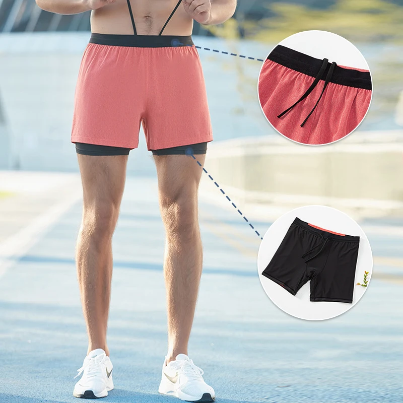 Heavywood Summer Fitness Shorts For Men Outdoor Sports Double Layer Quick Drying Loose Running Basketball Fake Two Piece Shorts