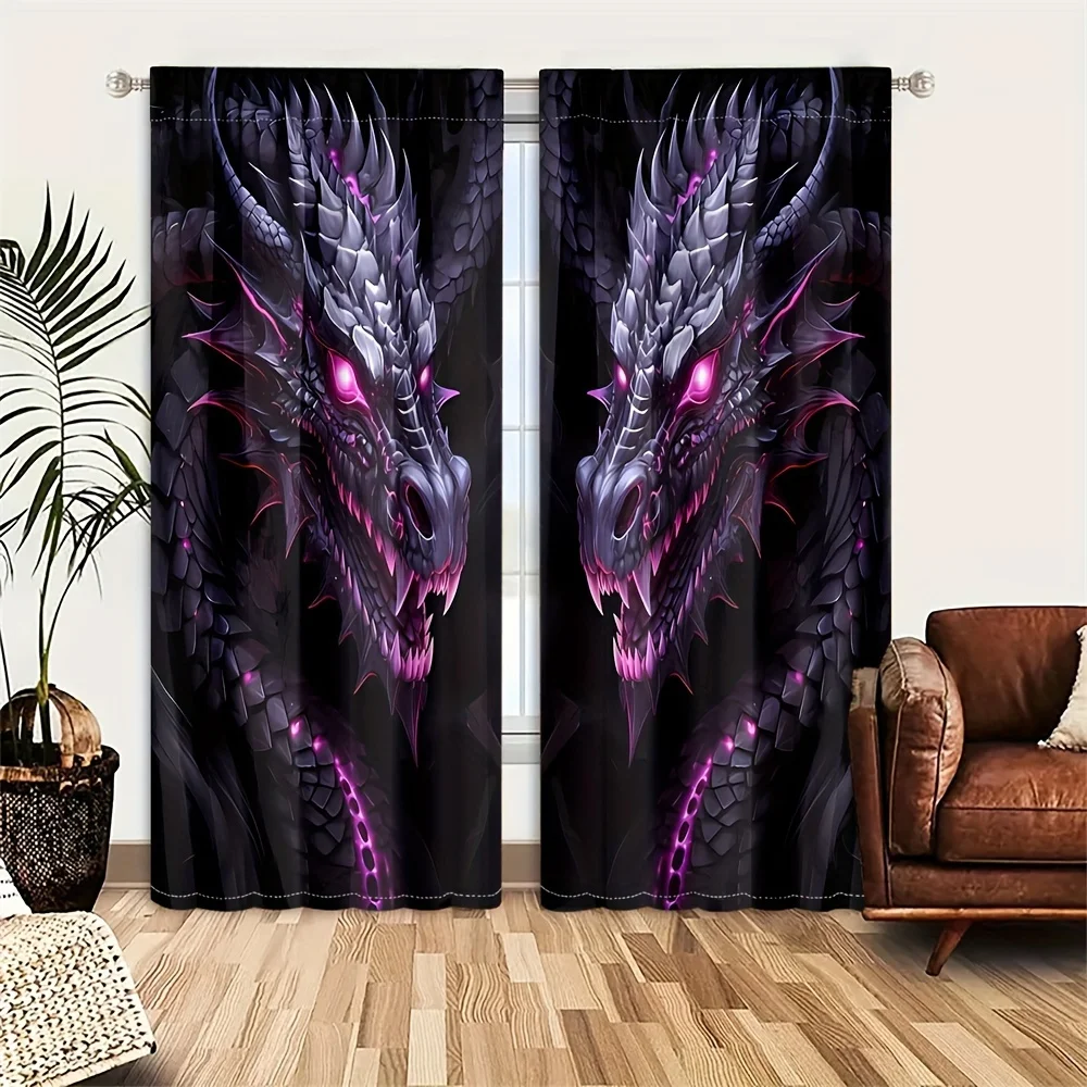 2pcs Purple Dragon Print Translucent Curtains Privacy ProtectorCurtain For Bedroom Living Room Office Home Decor