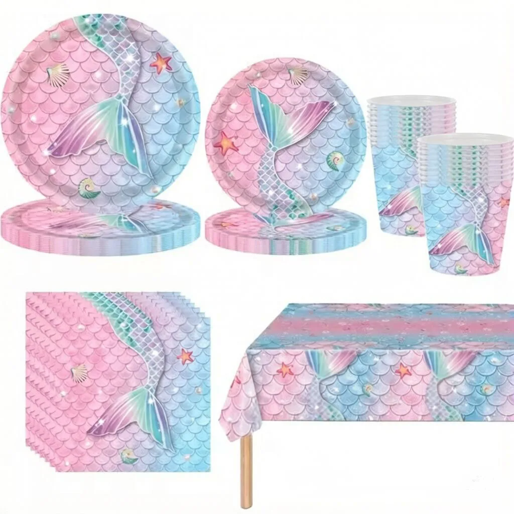 Mermaid themed party disposable tableware, paper cup plates, napkins, tablecloths, baby showers, girls' birthday party supplies.