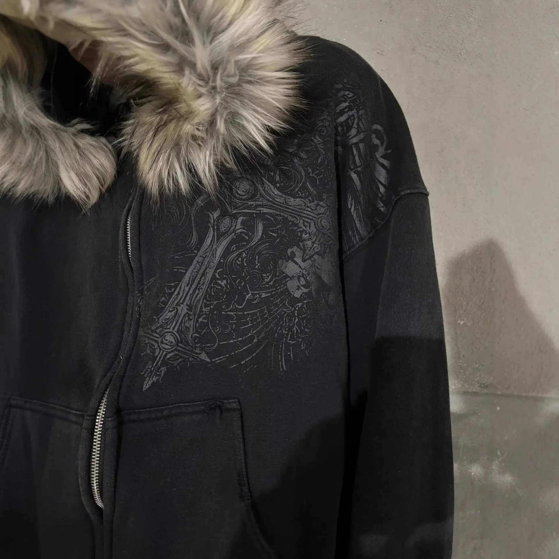 الخريف والشتاء المرأة Harajuku الفراء الاصطناعي طوق هوديي الملابس نمط الرجعية الاتجاه الشارع عارضة هوديي سستة هوديي