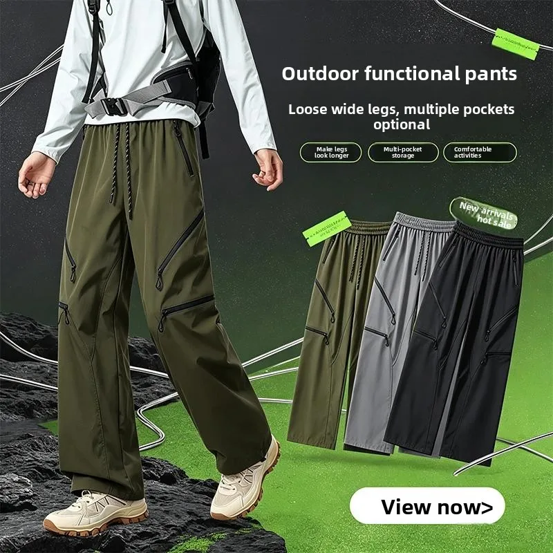 Mens High Street Spring Fall Waterproof Hiking Pants Outdoor Curved Fit Casual Sports Trousers Loose Trendy Daily Wear Outerwear