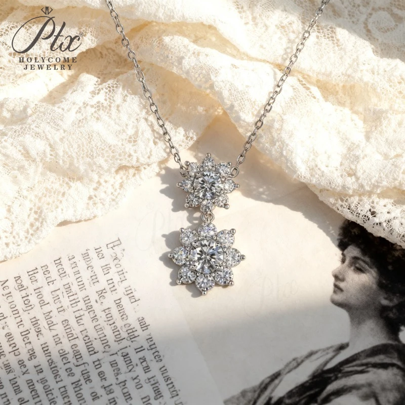 

Moissanite Necklace Double Layer Heronsbill Round Cut White Gold Yellow Gold Pendant Luxe Fine Jewelry Anniversary Gift for Her