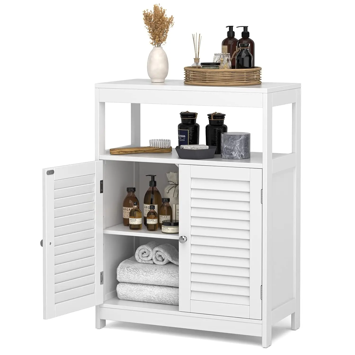 Bathroom Storage Cabinet, Freestanding Floor Cabinet w/Double Shutter Doors & 3-Position Adjustable Shelves, Wooden Bathroom