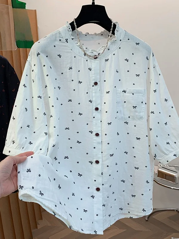 

Artistic Large Size Women's Cotton Polyester Short Sleeve Shirt Knot Print Casual Versatile Button up Top
