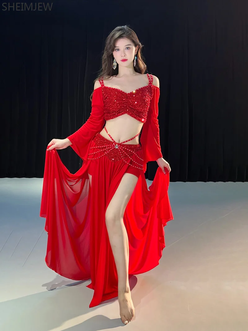 New Sequined Mesh Belly Dance Costume For Women Long Sleeves Top+gauze Long Skirt 2pcs Training Set Belly Dancing Stage Outfit