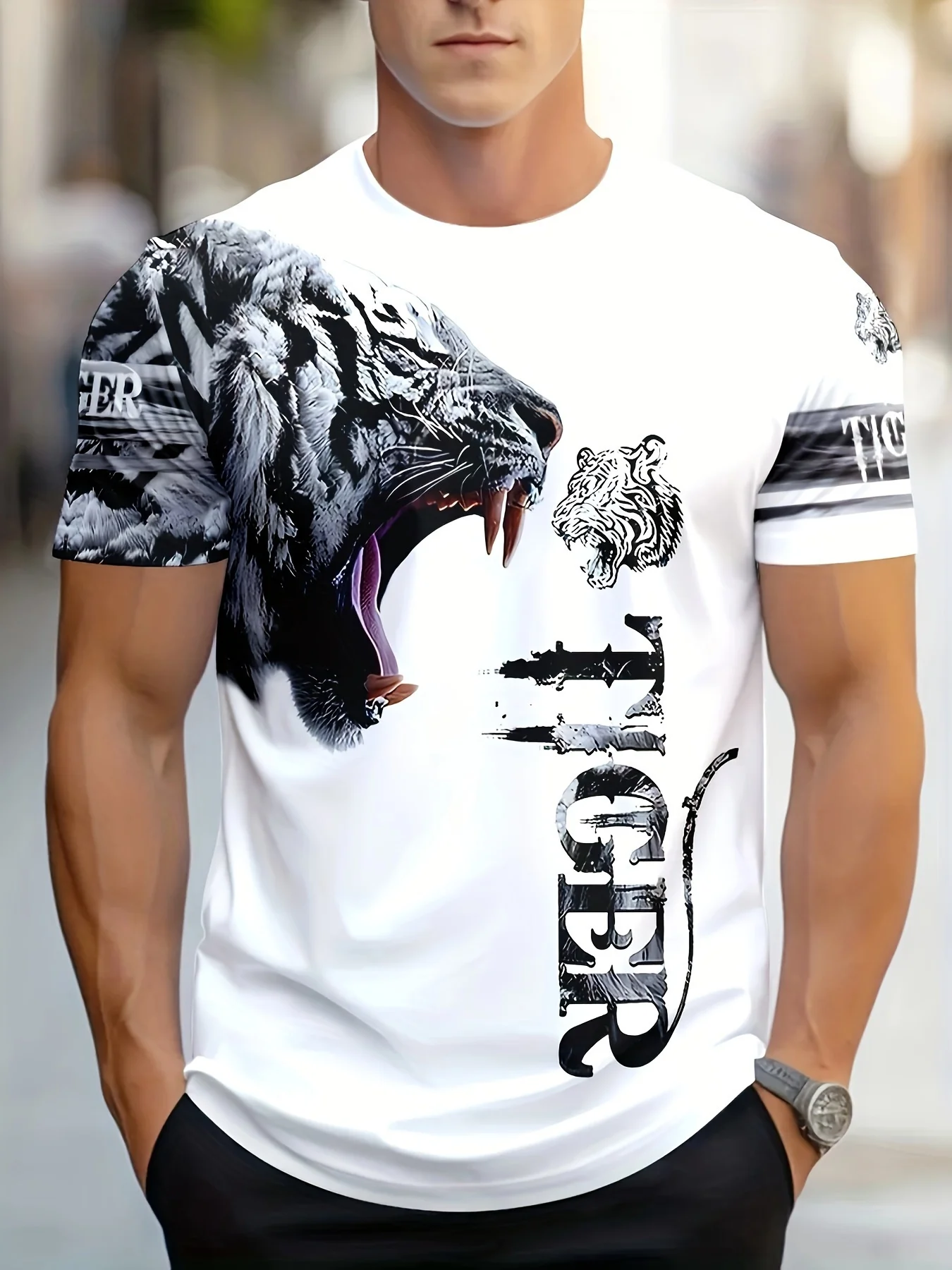Men's Casual Fashionable Street Fierce Tiger Animal 3D Printed T-Shirt Extra Large Size Men's Short Sleeve