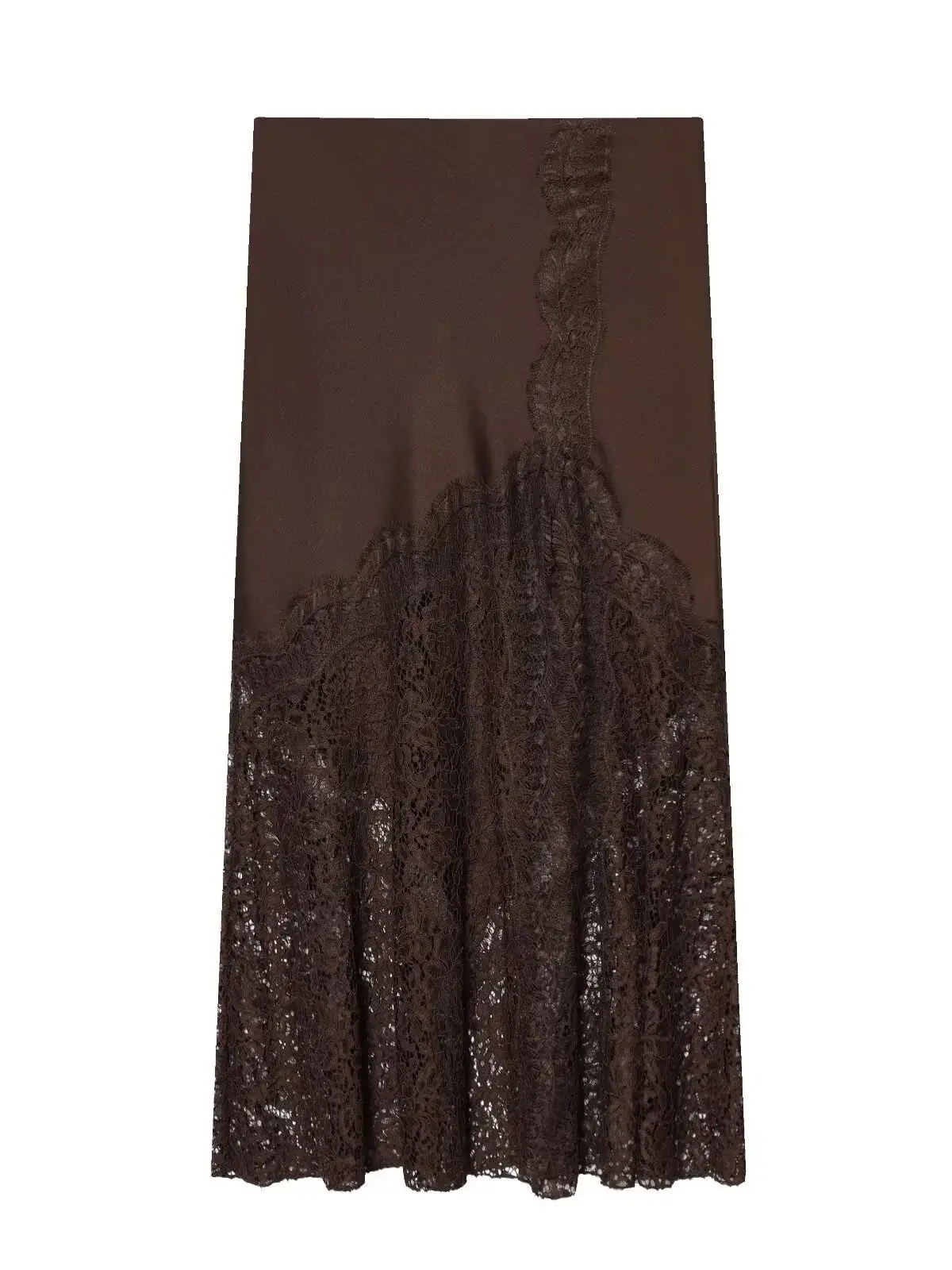 2026 New Arrival Fashion Women's European Vintage Silk Satin Lace Skirts Lady Elegant Zipper Slit Brown Evening Party Long Skirt