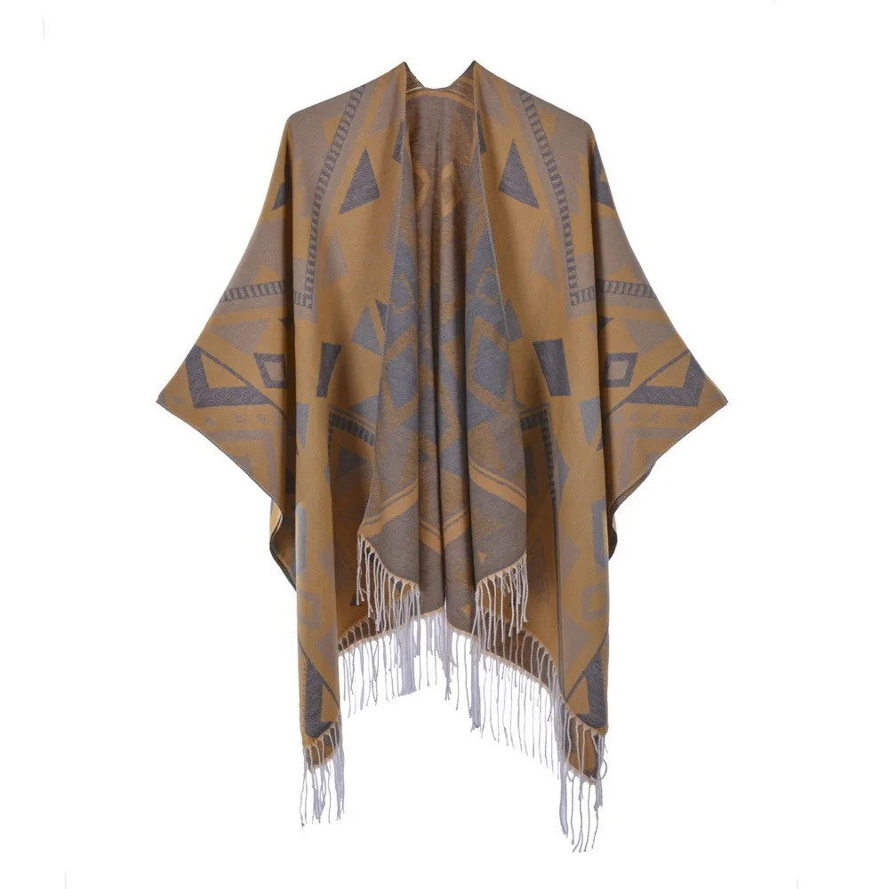 

Autumn Winter Geometric Pattern Knitted Tassels Shawl Women Warm Imitation Cashmere Poncho Lady Capes Khaki Cloaks