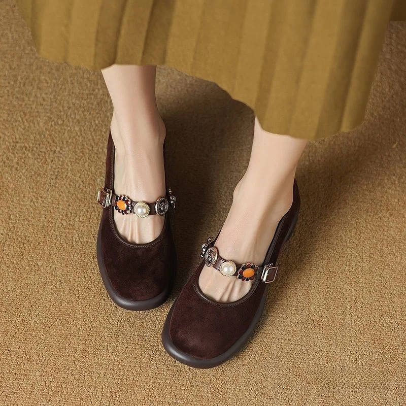 الفرنسية خمر المنخفضة قطع ماري جين أحذية المرأة الربيع الصيف جديد جولة رئيس كعب مسطح المطاط تسولي طبقتين جلد الخنزير بطانة #5