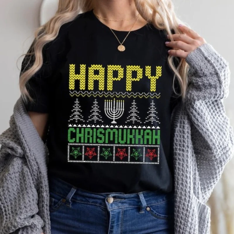 Happy Chrismukkah Cotton T-Shirt Hanukkah Holiday Jewish Gift Tee Festival of Light Jewish Festival Jewish Religious Ritual Tops