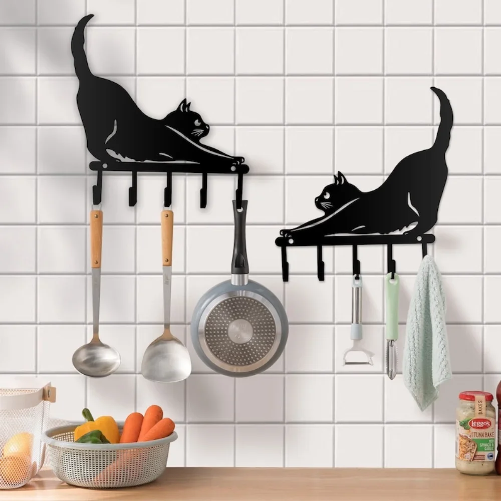 Cute Black Cat Key Holder For Wall, Coat Rack Wall Mount, Metal Home DecorsStorage Rack, Hook for Wall, Iron Art, Coat Hanger