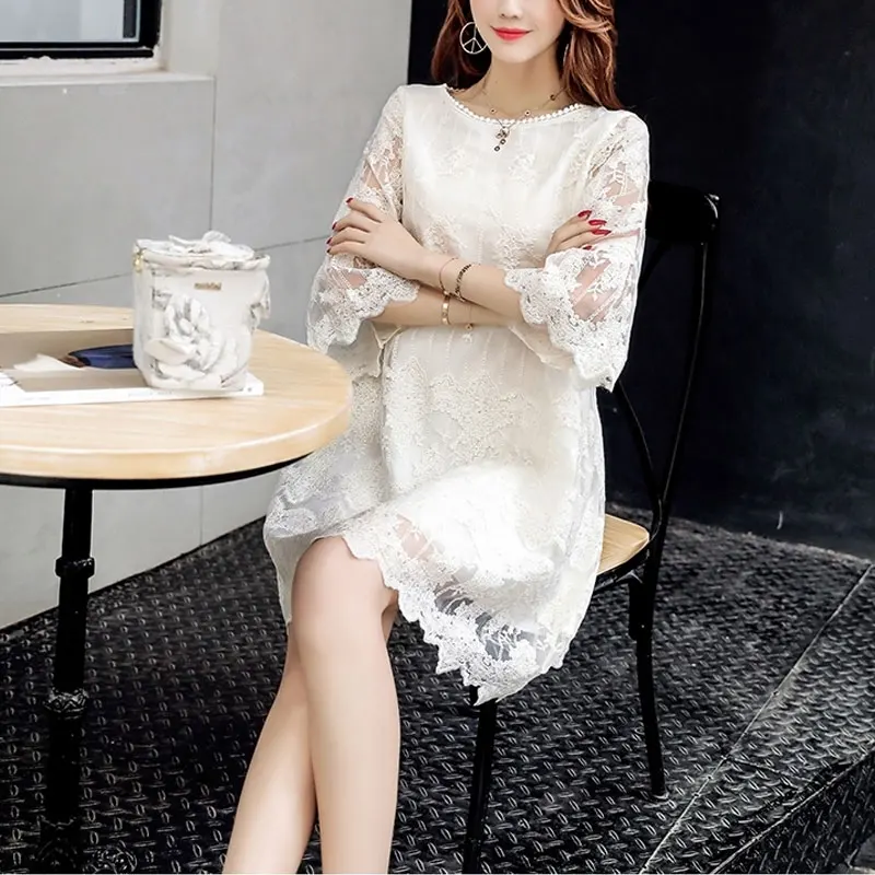 Women\'s Clothing Elegant Lace Patchwork Midi Dress O-Neck Spring Summer 3/4 Sleeve Commute A-Line Fashion Hollow Out Dresses New