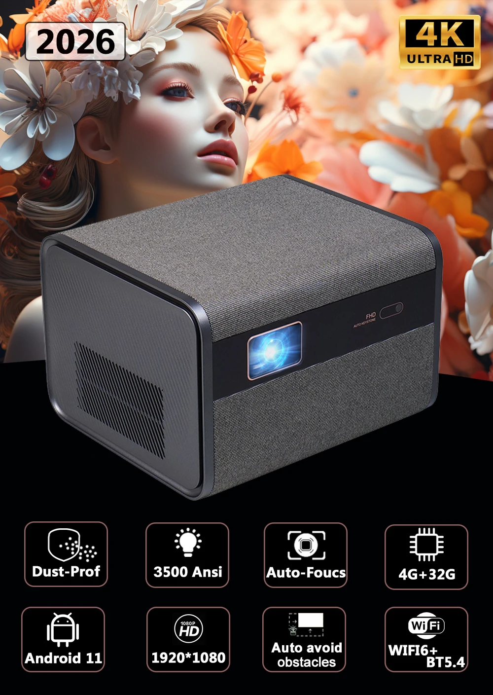 DITONG 2026 NEUER J10 Projektor Native 1080P Autofokus 4K HD Video Outdoor Smartphone Android Smart Home Theater LED-Projektor – Detail 5