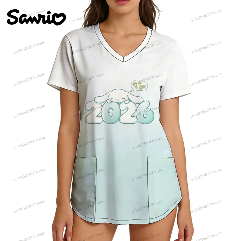 

V Neck Woman Tops Women Summer Top Women's T-shirts New Workwear Nurse Uniform 2026 Polka Dot Kawaii Sanrio Cinnamoroll Y2k Cute