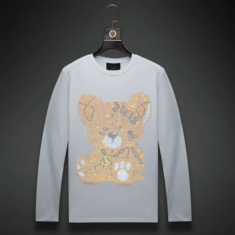 Plus Size O Neck Long Sleeve T Shirts Men Cartoon Bear Rhinestones Fashion Streetwear Slim Modal Cotton Tshirts Mens Clothing