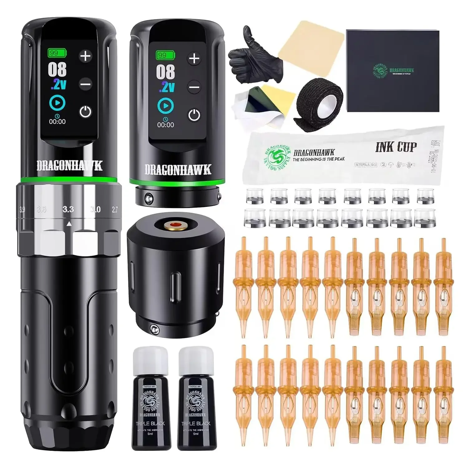 Dragonhawk L3 Draadloze tattoo machine met 7 instelbare slagen, ultra lichtgewicht 222g, dubbele 2000mAh accu's, geschikt voor lijnen, schaduwen en kleuren van tatoeages