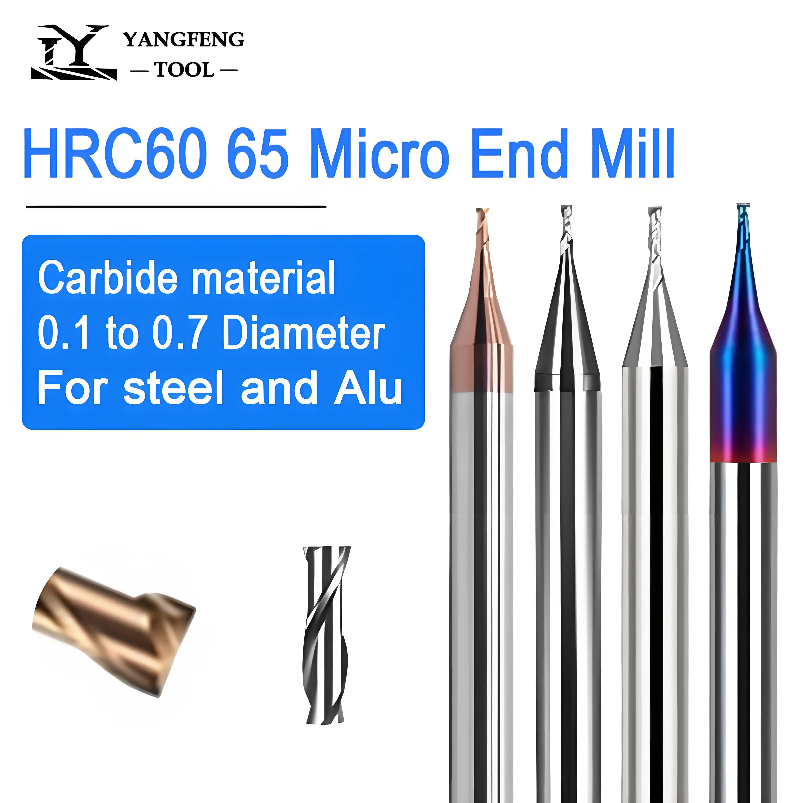 

Micro Flat End Mill HRC60 HRC65 Tungsten Carbide 0.1 0.2 0.3 0.4 0.5 0.6 0.7mm 2F Router Bit for Steel aluminum CNC Engraving