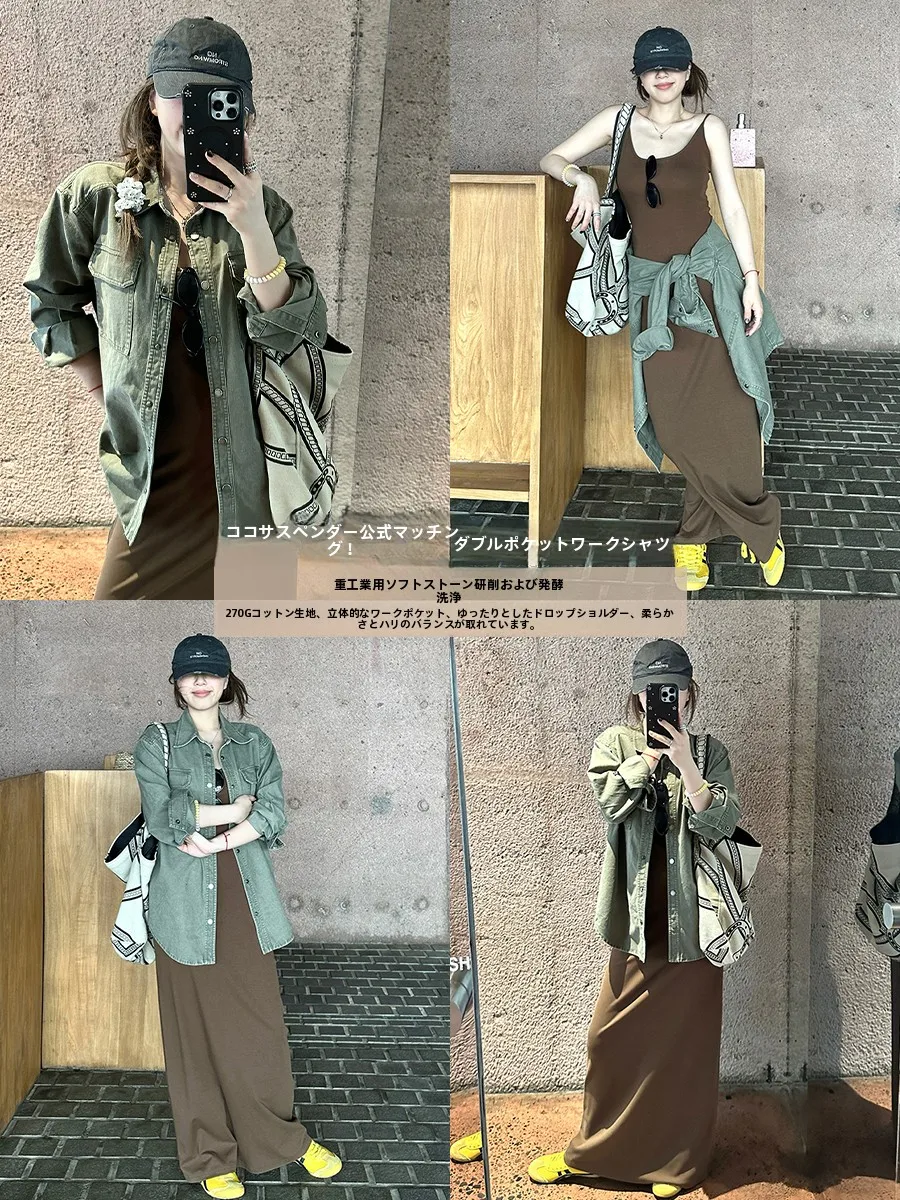 

Zeng Yueban Heavy Industry Soft Stone inding Wa Loose Collar Workwear irt Jaet Women's Top Cotton Denim Long Sve