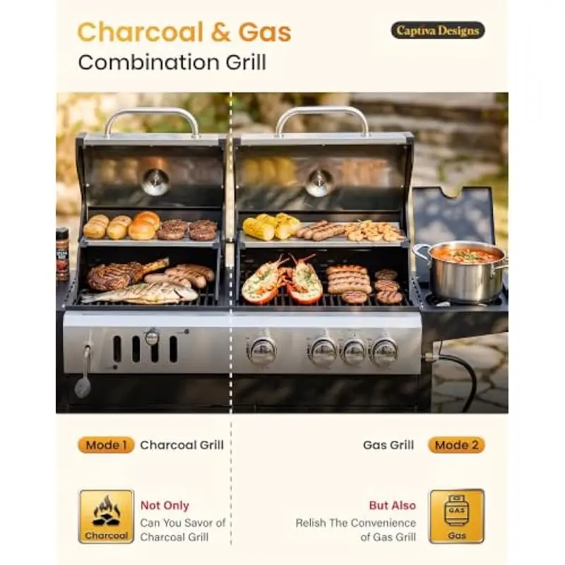 Charcoal Gas Hybrid Grill 690 Sq In Total Cooking Area Porcelain Enameled Cast Iron Grates Stainless Warming Rack 37000 BTU Dual