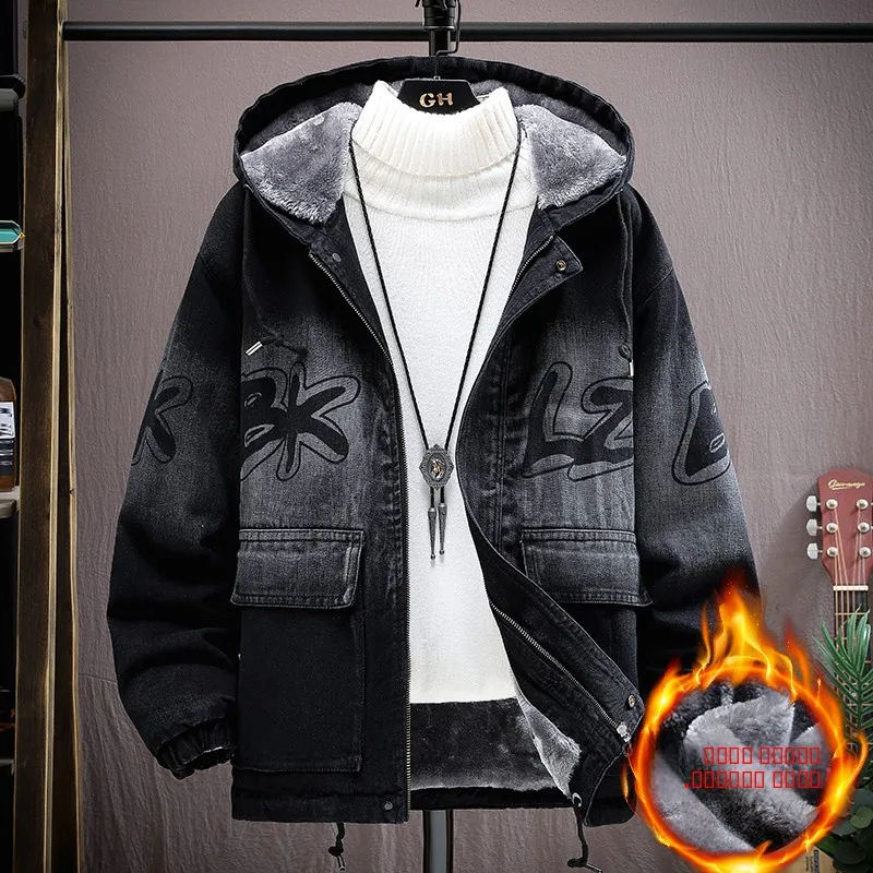 

Trendy Fce Lined Hooded Denim Cotton Jaet Casual Thi Long Sve Cotton Coat for Men Student Winter Clothes