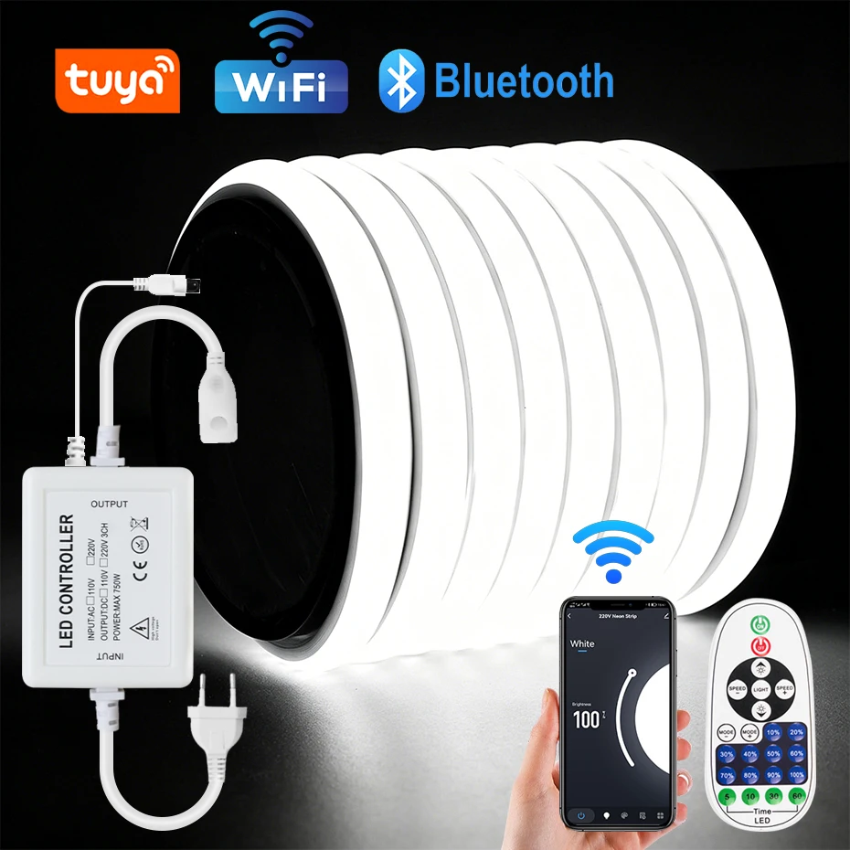 220V Dimmable COB LED Strip Neon Light 1-50M WiFi Tuya Bluetooth Remote EU Power Kit Flex IP65 Led Lamp 288LEDs Ribbon Lights