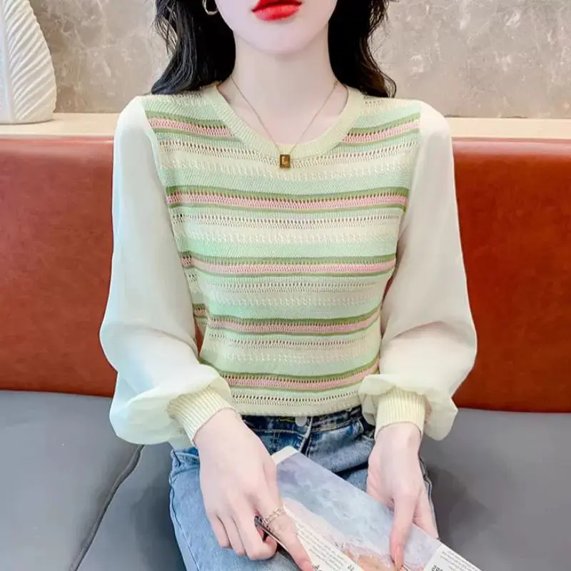 

Striped Contrast Sweet Hollow Out Knitting Tops Spring Autumn Long Sleeve All-match Office T Shirts Fashion Casual Women Clothes