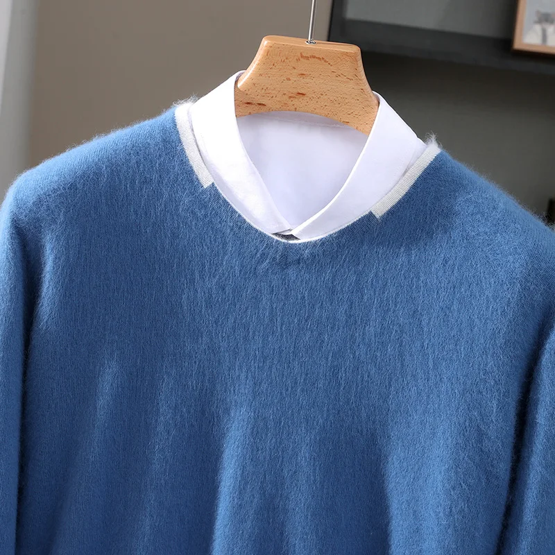 Men's  Autumn Winter 100% Mink Cashmere V-neck Pullover Sweater Color-Matching Warm Cashmere Knitwear Smart Casual Men's Tops