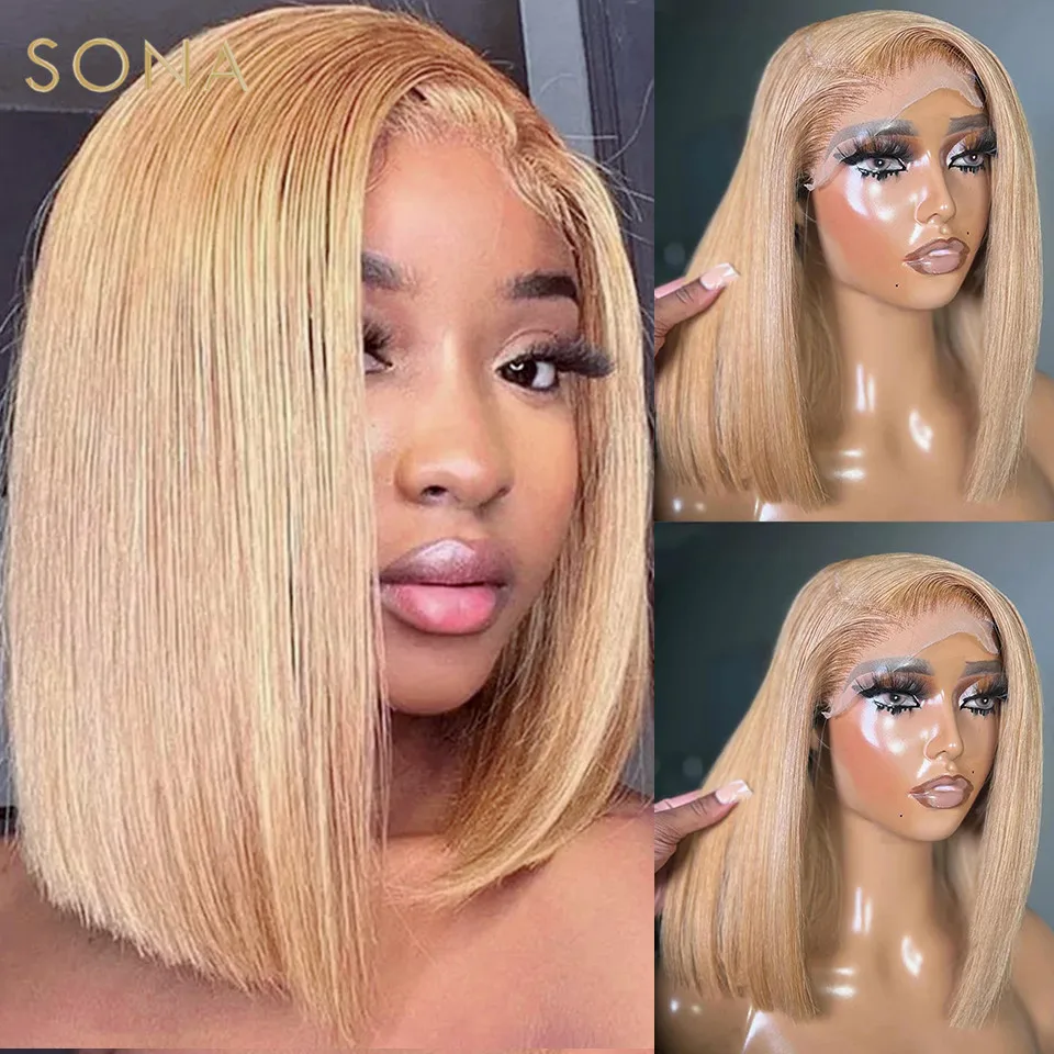 

Ash Blonde Color Transparent 150% Density 13X6 Lace Frontal Wig Human Hair #27 Blonde Short Bob Human Hair Wig for Women