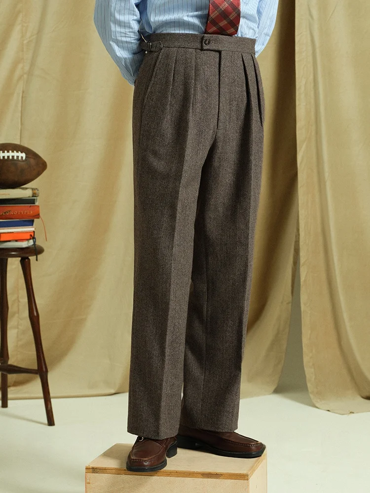 

Мужские повседневные брюки Cultum Thiened в стиле ретро из шерсти с высокой талией, прямые, с узором под британский твид, длинные, для молодежи