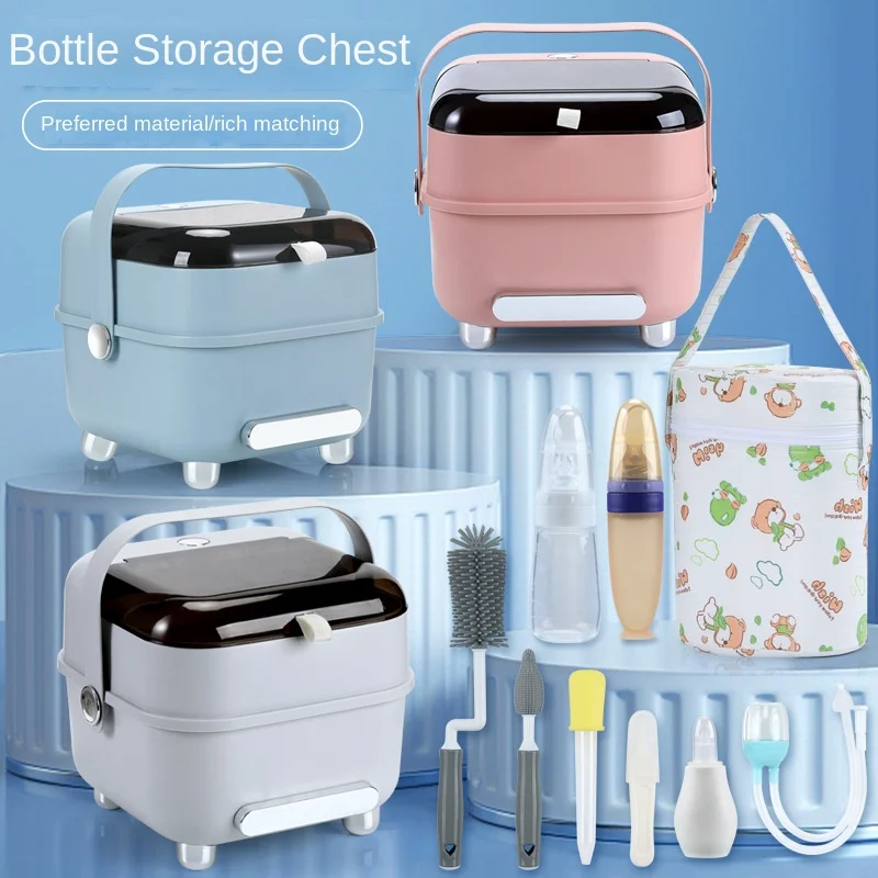 Baby Bottle Storage Set with Cleaning Tools Feeding Utensils & Bottle Cleaning Brush Set Includes Lidded Travel Drying Rack