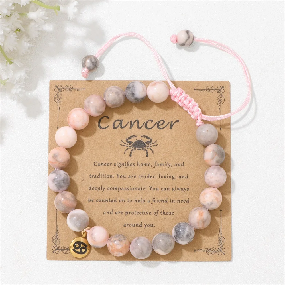 الميزان الوردي زيبرا حجر الخرز سوار 12 زودياك كوكبة علامات سحر أساور مجدولة للنساء هدية عيد ميلاد مجوهرات