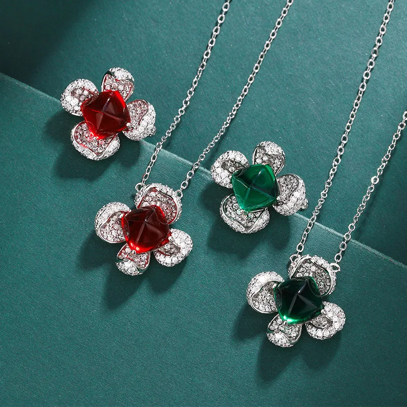 

Jewelry Ruby Necklace Emerald Crystal Zircon Necklace Ring Princess Temperament Jewelry Set