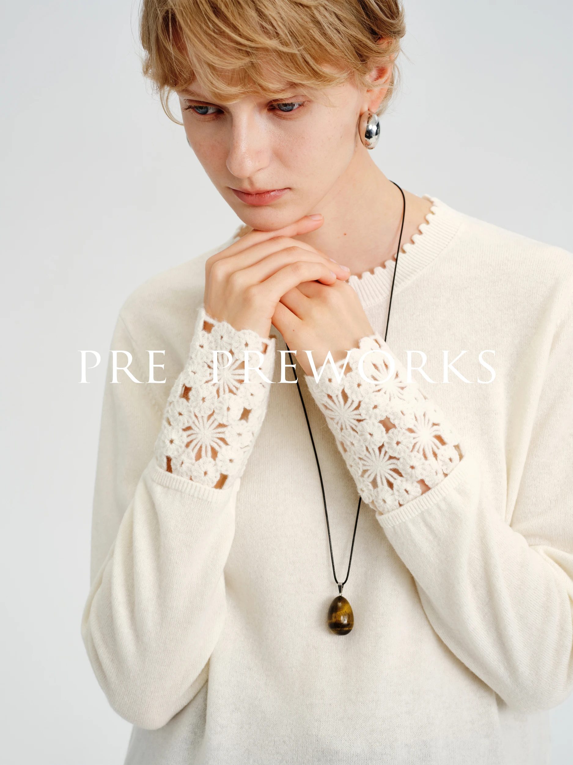 

Handmade Hollow out Knitted irt round Ne 00% Wool Base irt Simple Sle Slim Fit Long Sve Women's Home Wear Warmth