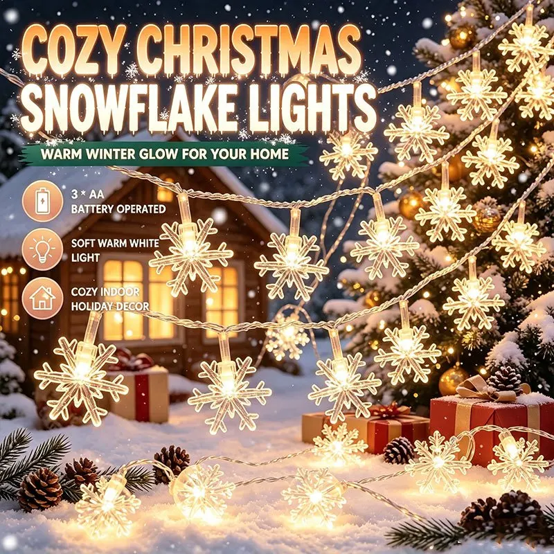 Battery Powered Snowflake LED Fairy Lights, Warm White Decorative String Lights for Xmas Tree Bedroom Winter Party Decor