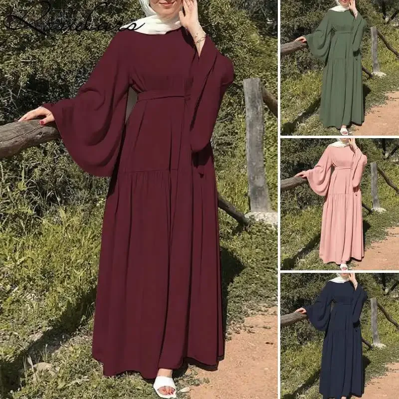 

2024 Muslim Fashion Leisure Flared Sleeves with Belt Long Dresses Muslim Dress Women Turkish Abayas Robe Pour Femme Musulmane