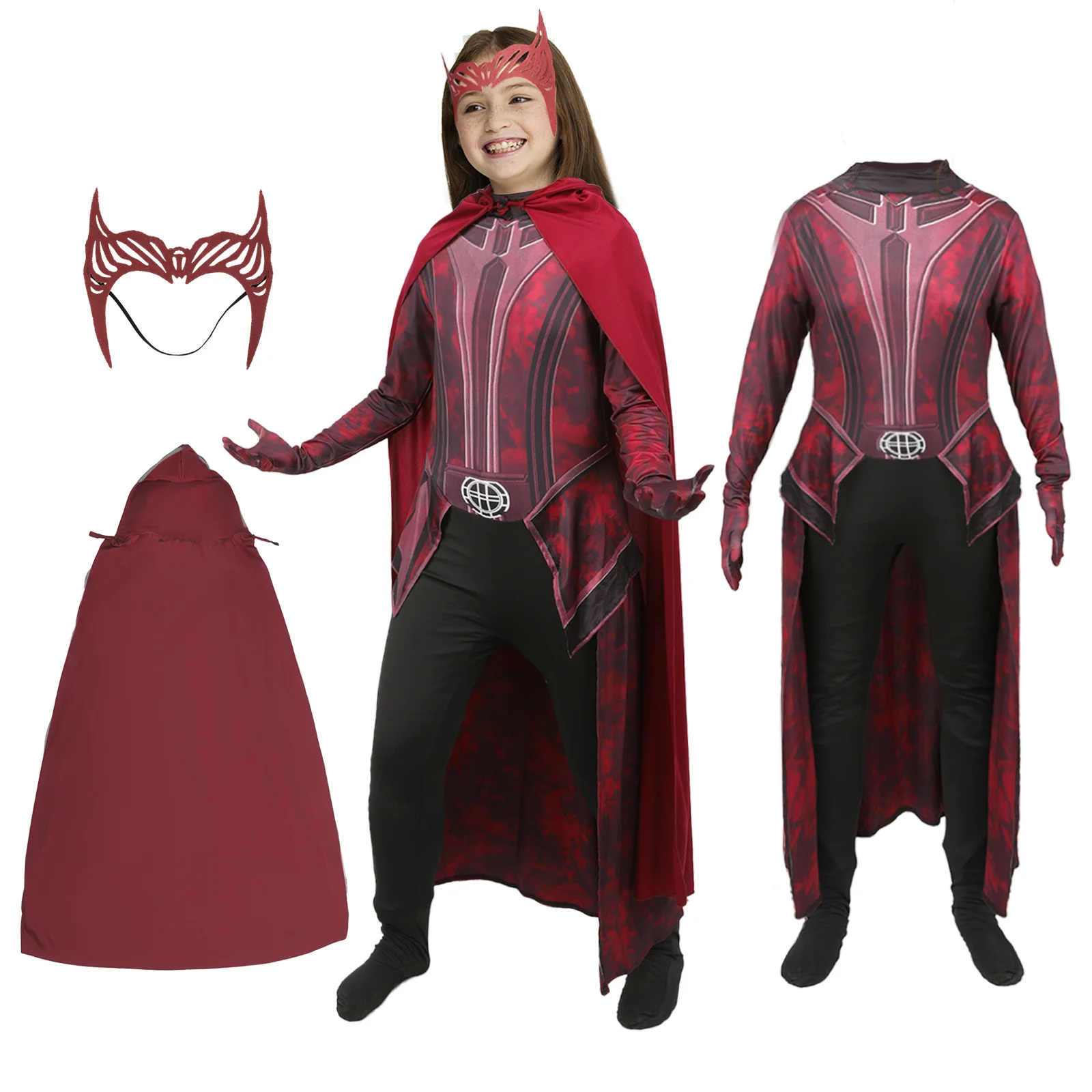 Women Girls Scarlet Witch Cosplay Halloween Costume Movie Superhero Cos Jumpsuit and Cloak Outfit for Party Carnival