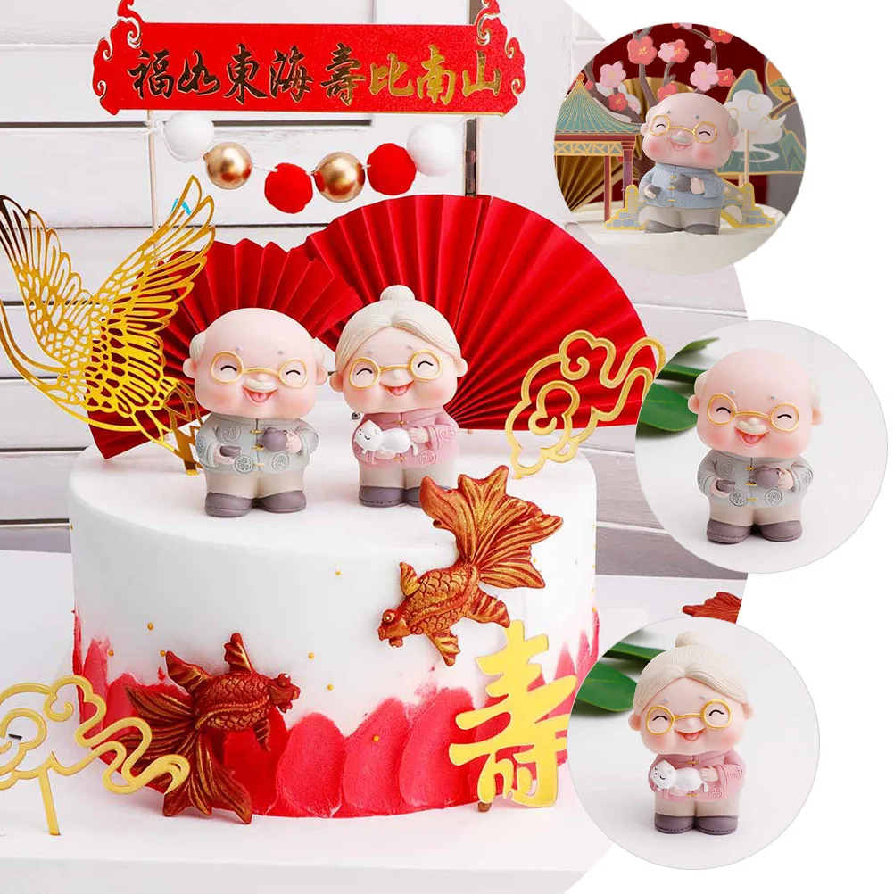 

2pcs Cake Decoration Figurines Elderly Couple Statue Miniature Ornament For Wedding Party Decor Long Lasting Gift