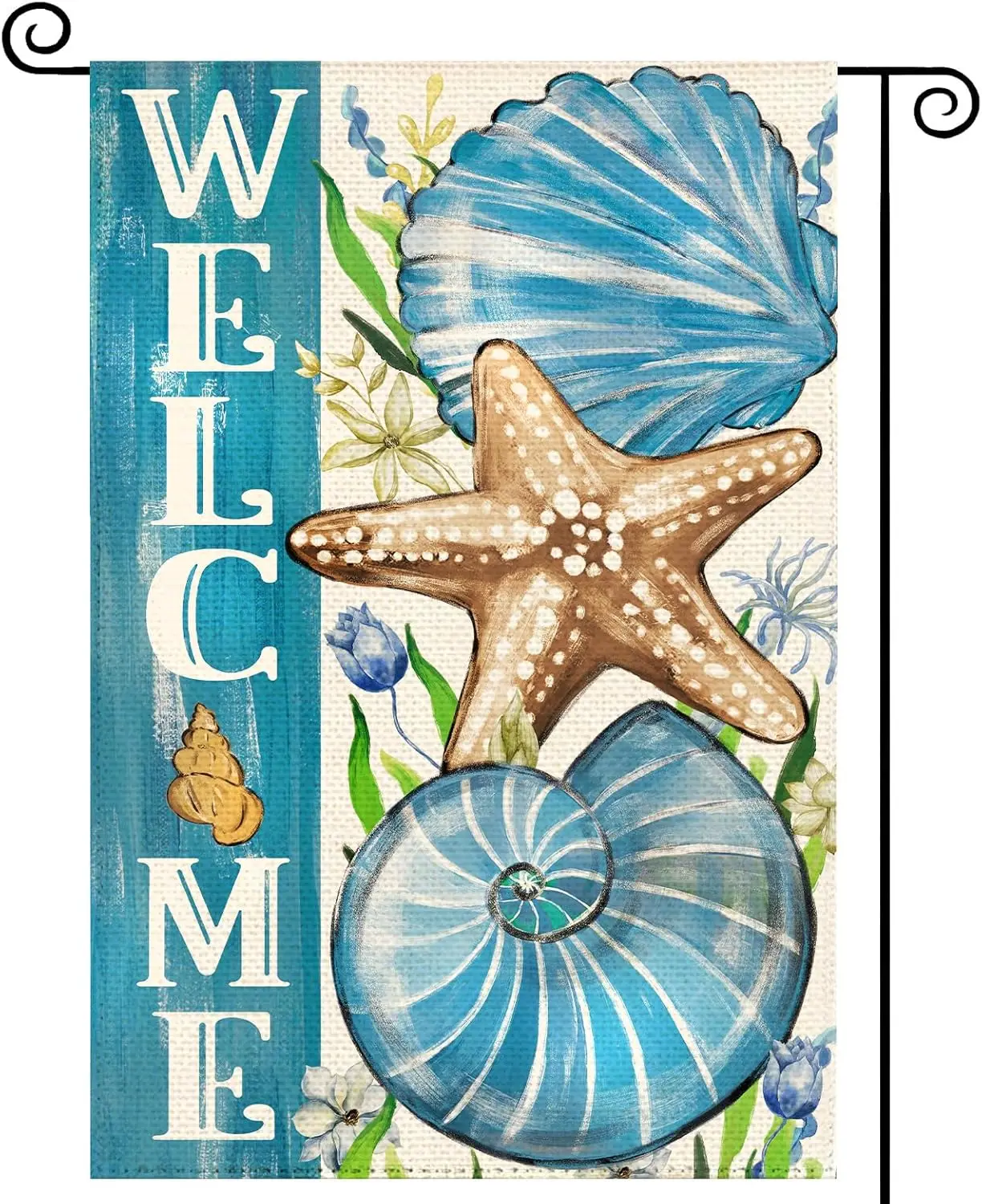 Summer Ocean Welcome Garden Flag 12 x 18 Inch Double Sided, Blue Beach Shells Starfish Farmhouse Burlap Small Yard Flag Summ zzo