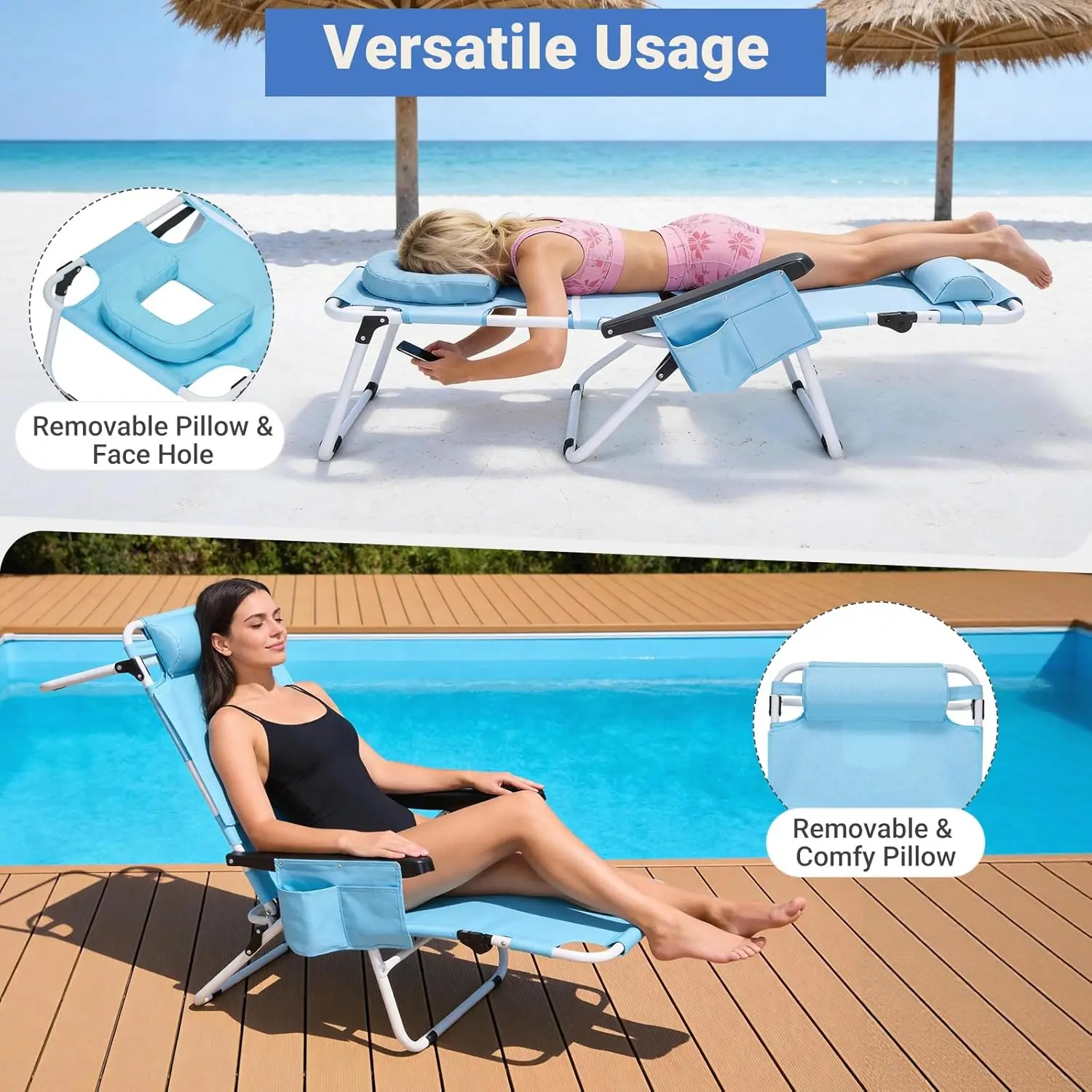 

Portable Folding Beach Chair with Headrest, Armrests, Face Hole, Lay Flat Design, 440lb Capacity, Blue