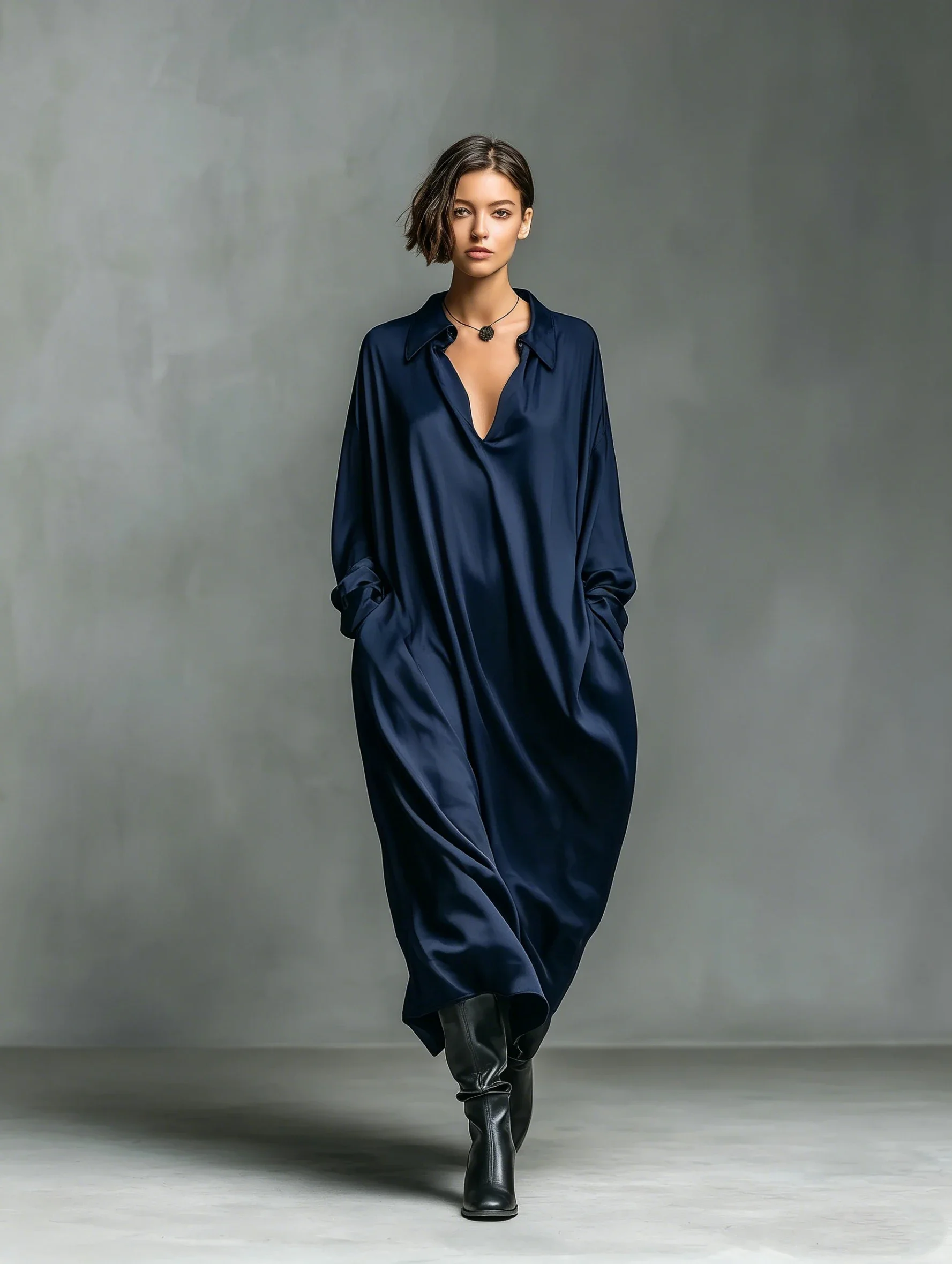 Women Oversized Collar Satin Maxi Shirt Dress Fashion V Neck Long Sleeve Pocket Loose Casual Long Dress Autumn New Elegant Dress