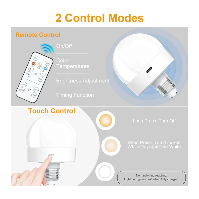 Y17A Rechargeable Battery Operated Light Bulbs, 300LM E26 Screw In Light Bulb For Lamps With Remote Control Dimmable&Timer