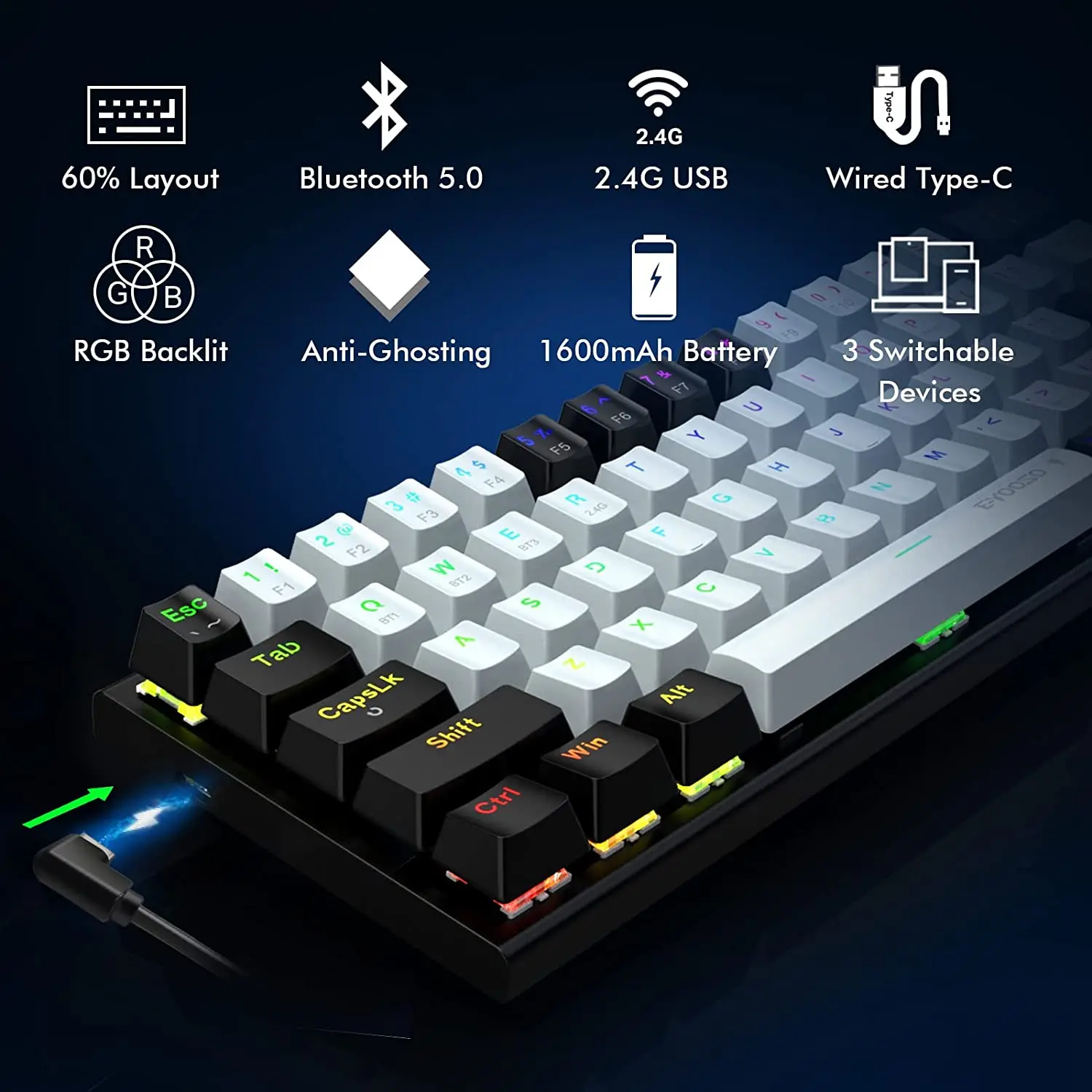 BT 2.4G RGB Backlit 63 Keys Compact 60 Percent Wireless USB 60% Mechanical Gaming Keyboard Blue Switch