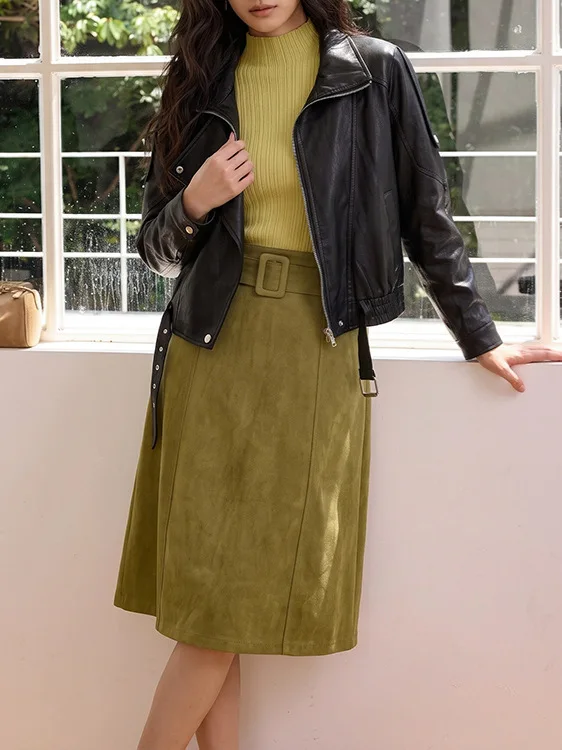 Vintage Green Suede Midi Pencil Skirt High Waist With Belt Elegant Split A‑line Skirt Elegant Office Lady Commuter Autumn Bottom