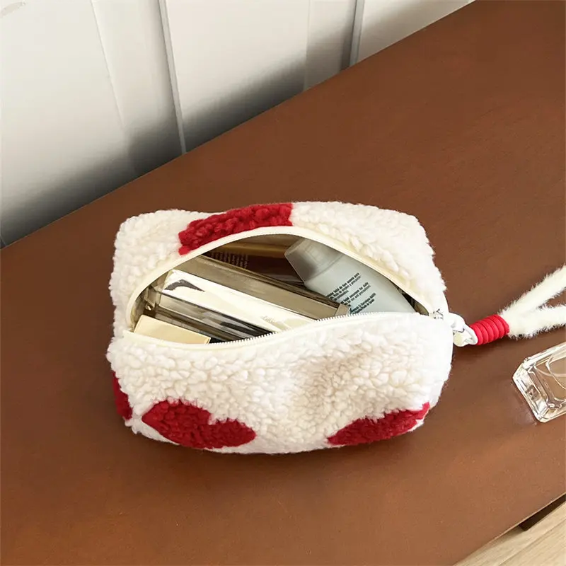 White Teddy Fleece Red Heart Cosmetic Pouch for Women Cute Wrist Strap Makeup Bag Large Capacity Travel Toiletry Organizer