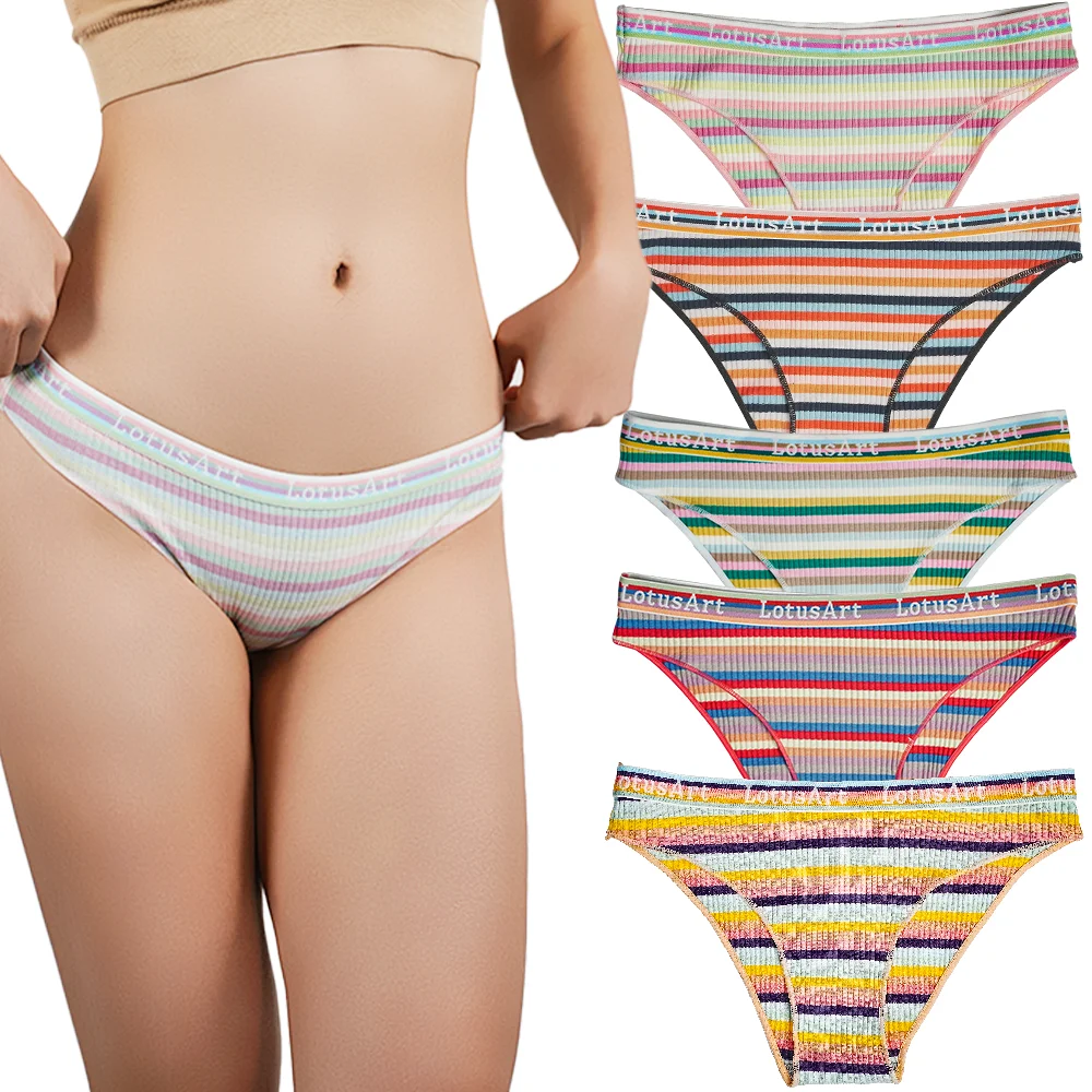 Women Cotton Panties Girls Rainbow Stripped Sexy Briefs Student Breathable Soft Sport Underpants Ladies Low-Rise Waist Underwear