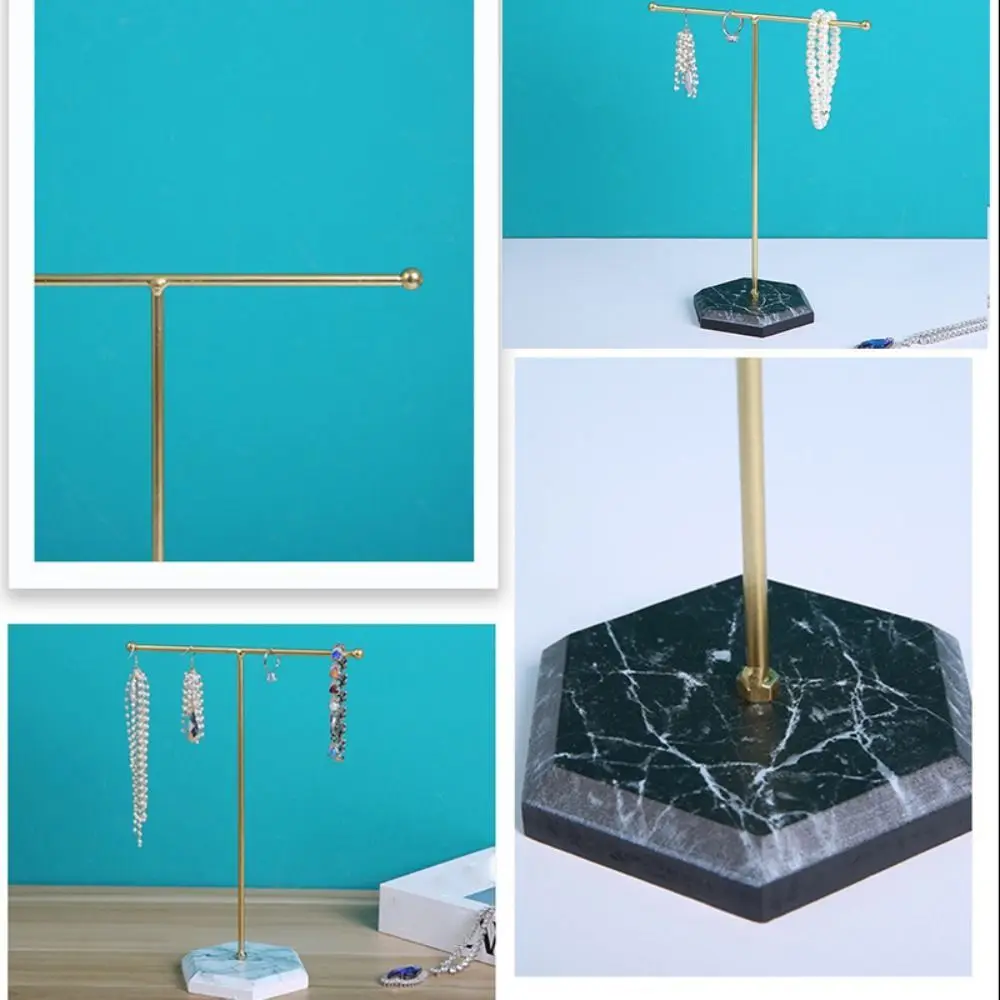 Premium T-shaped Design Jewelry Holder Metal Plated Stable Base Display Organizer Rotating Marble Pattern Earring Stand Desktop